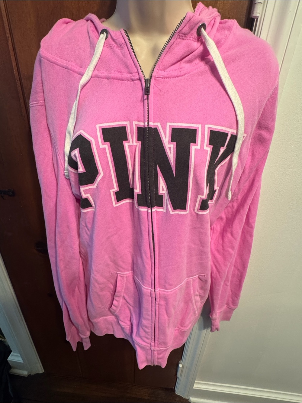 PINK Victoria's Secret Bright Pink Zip-Up Hoodie with Logo Large